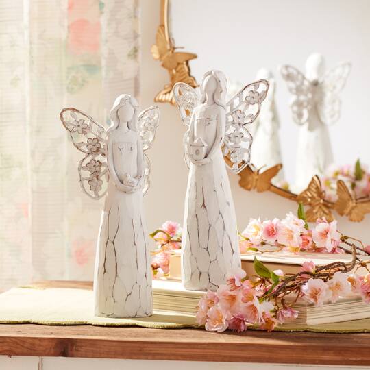 White & Beige Butterfly Wing Angel Figurine Set